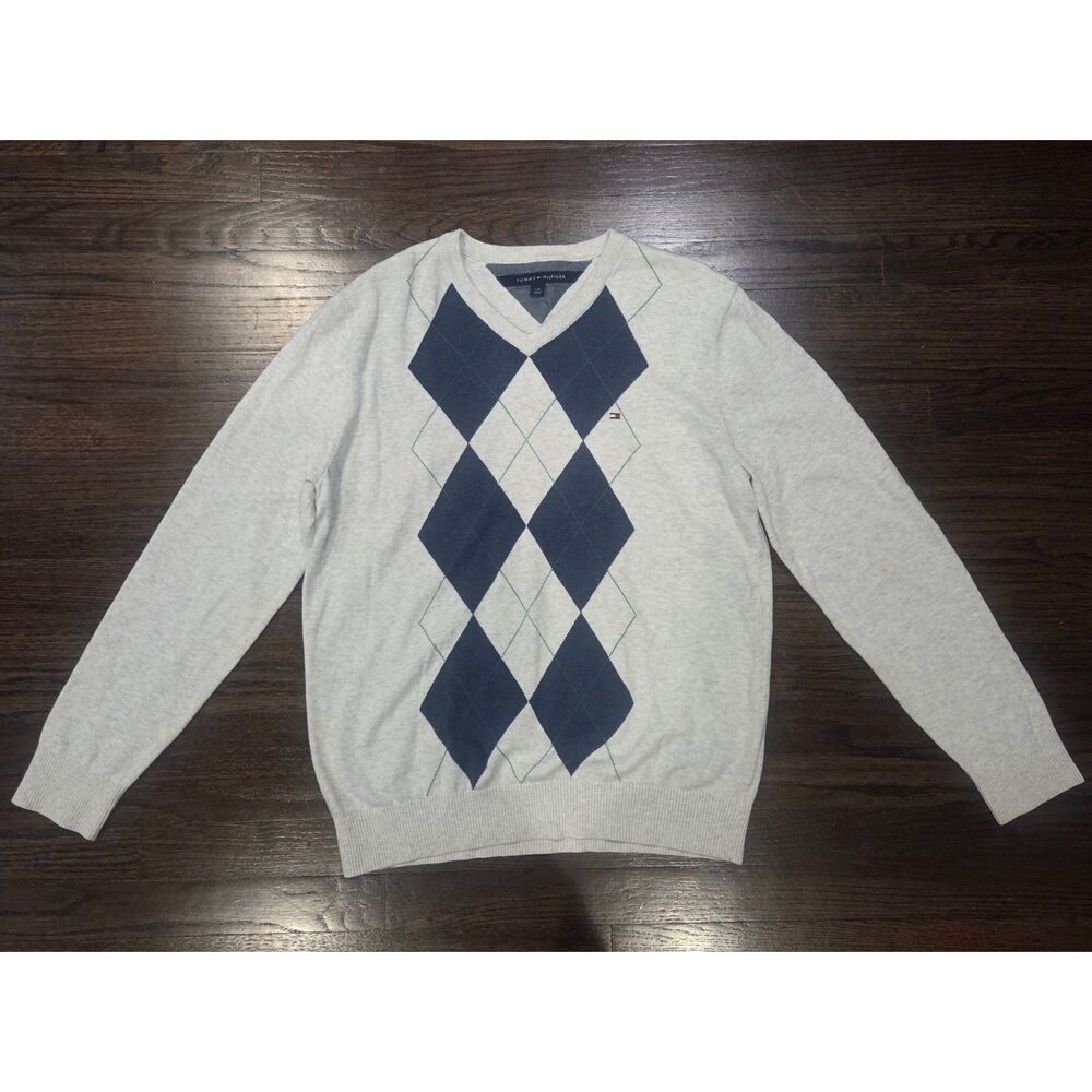 Tommy Hilfiger V Neck Sweater Mens L Gray Blue Argyle Lightweight Cotton Blend